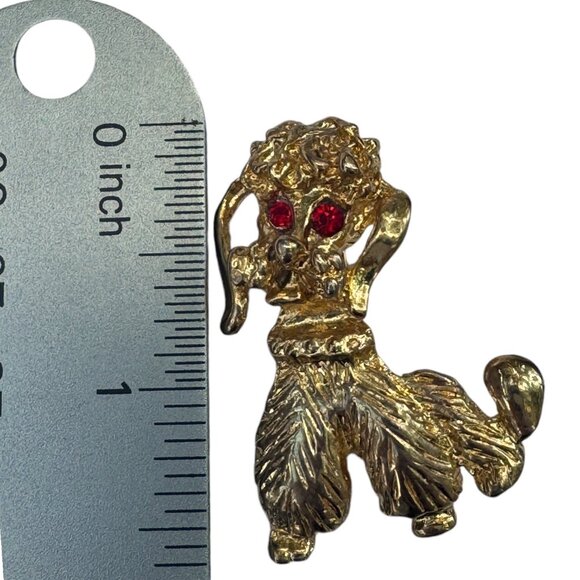 Vintage Gold-Tone Poodle Brooch With Red Rhinestone Eyes - Picture 4 of 9